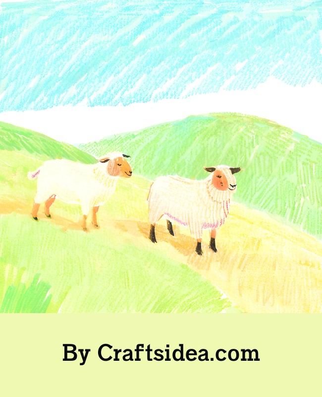 Two Sheeps On Hills Drawing